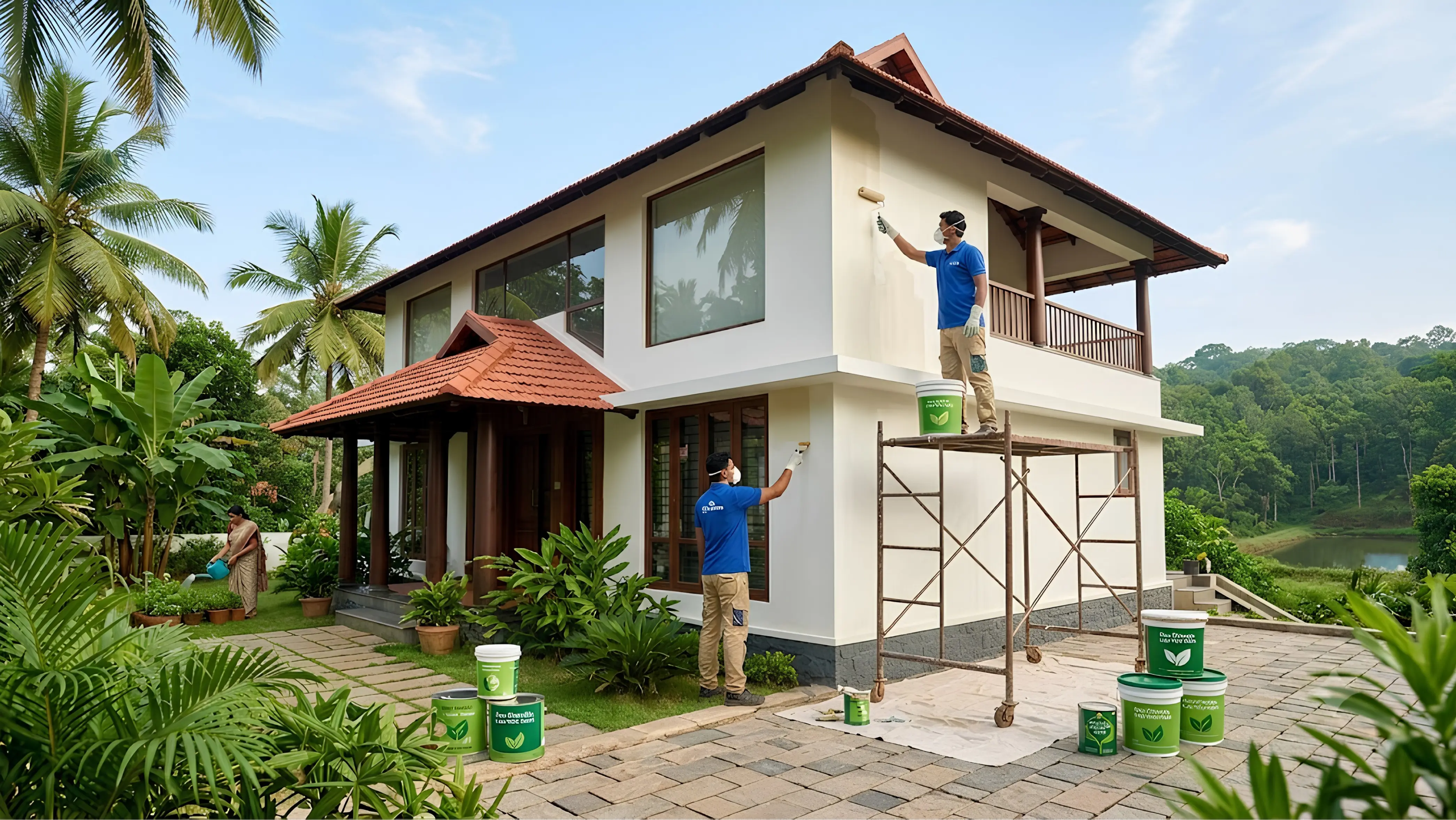 Eco-Friendly Painting Process Eco friendly non toxic low VOC house paint application on interior walls in Kerala