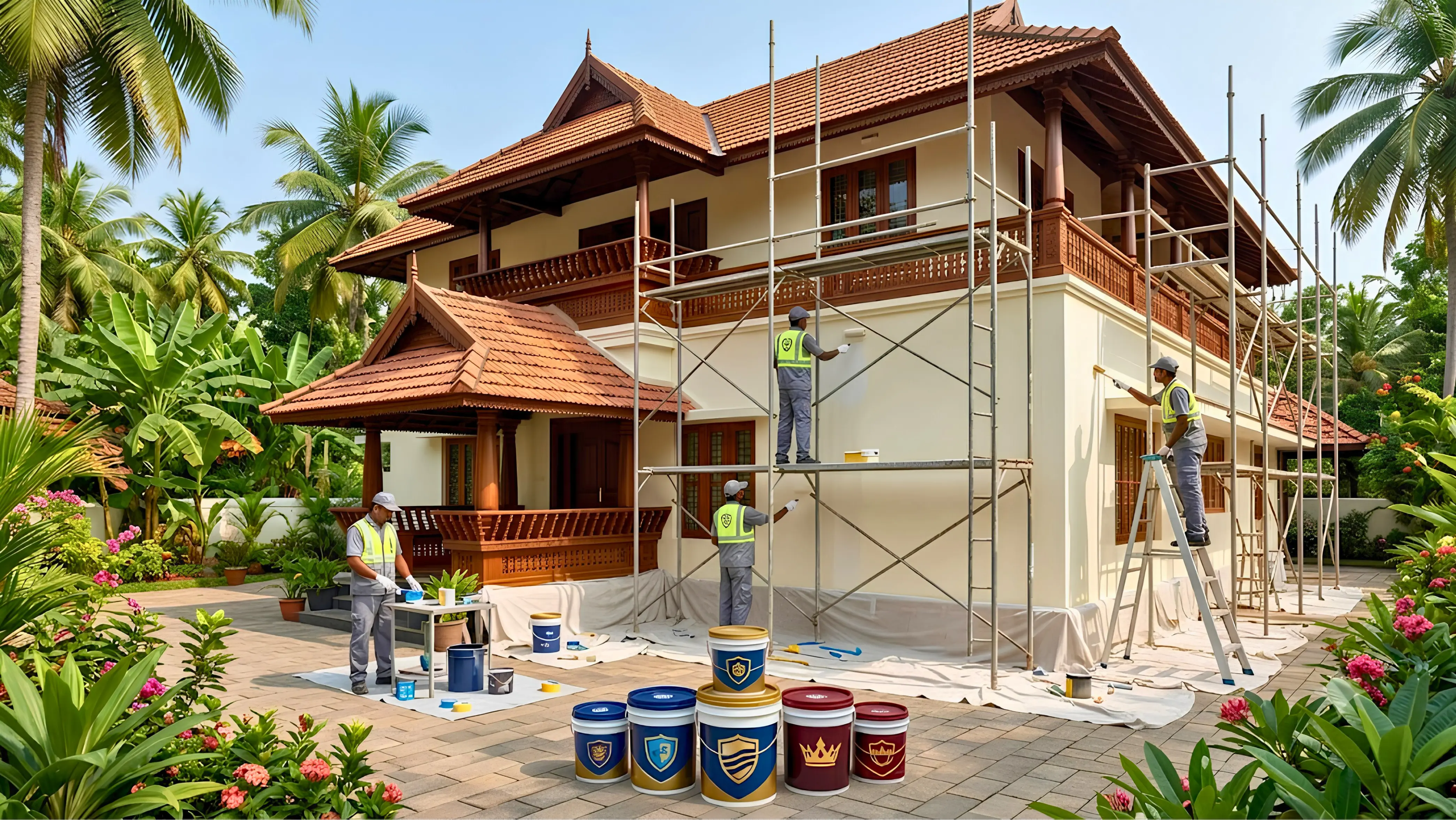 Professional Painting Execution Experienced painting contractors in Kerala performing exterior wall preparation and coating