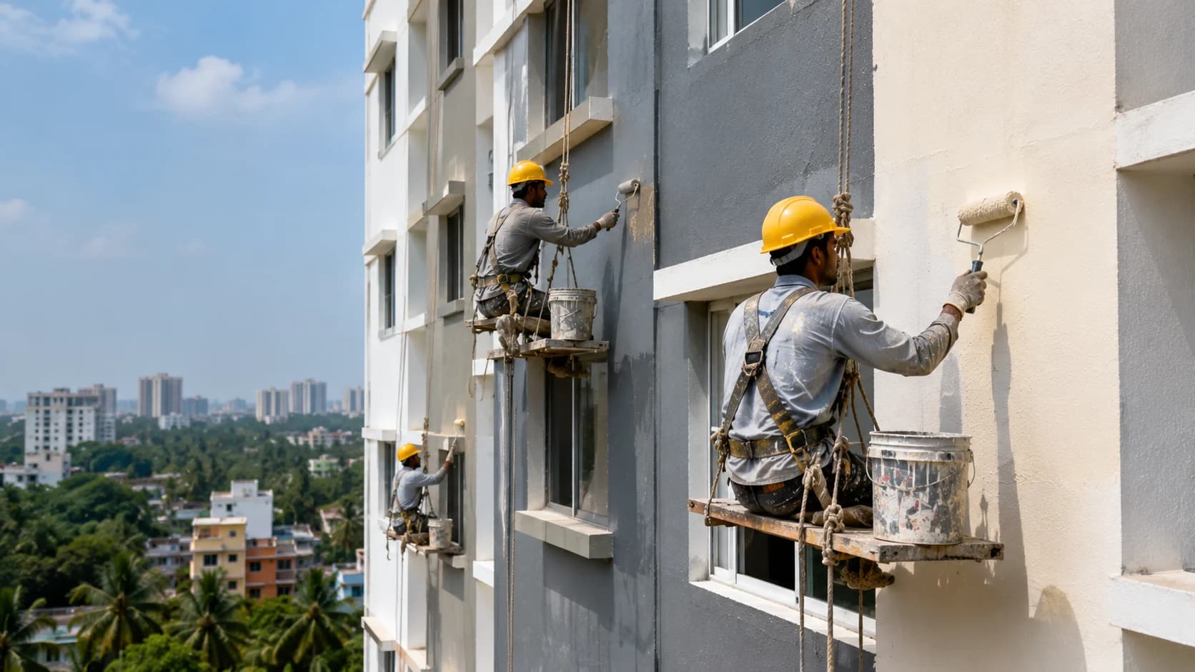 Large scale multi-story building painting and exterior wall restoration in Kerala