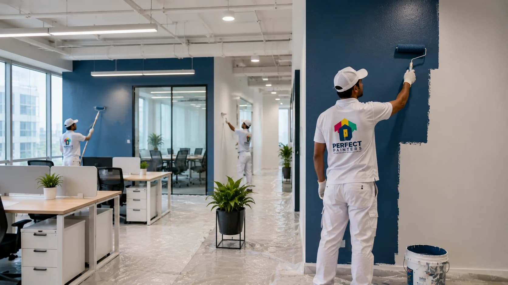 Commercial office space and showroom painting by professional contractors in Kerala